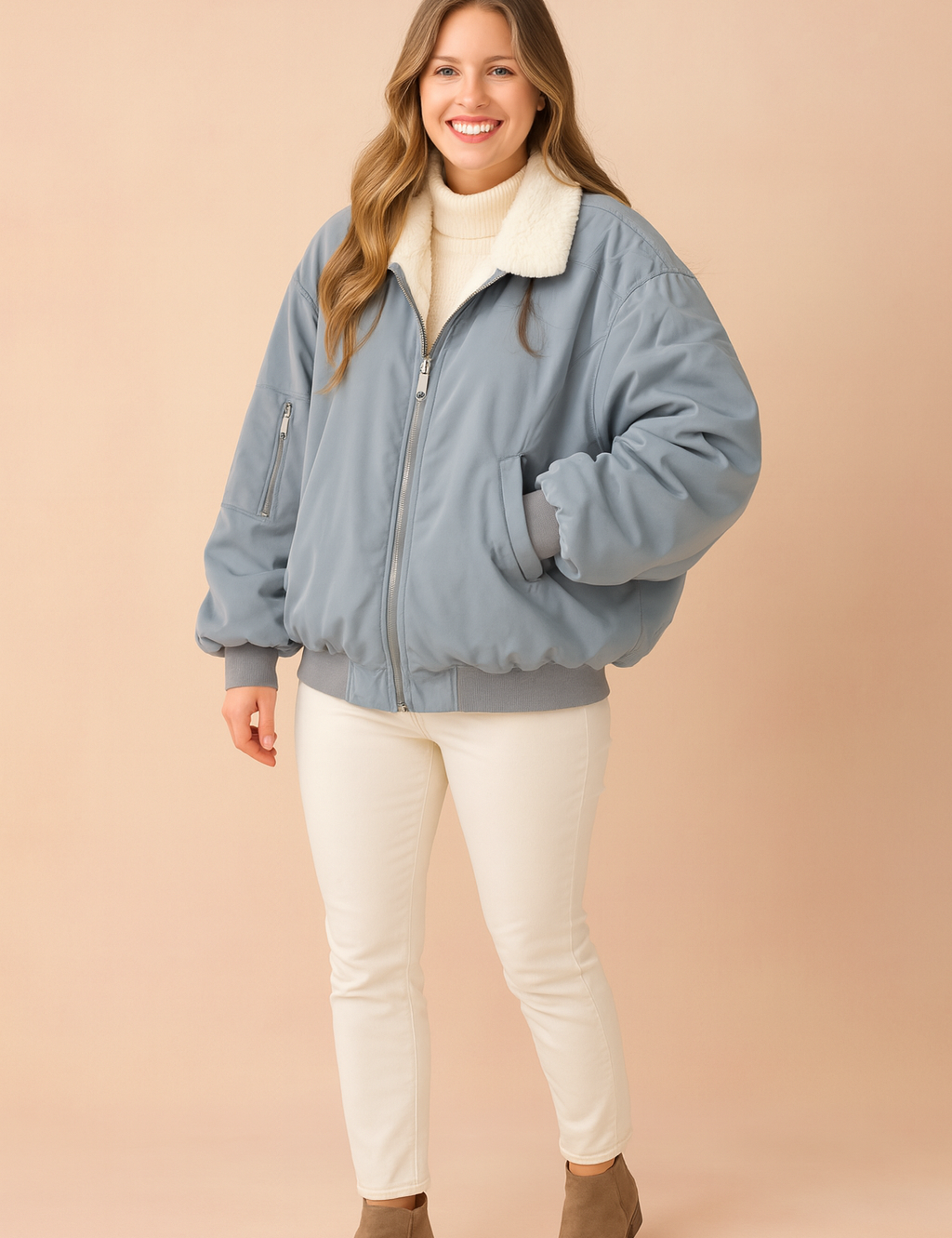 Light gray-blue oversized bomber jacket with white collar lining, styled over a cream turtleneck, white pants, and ankle boots.