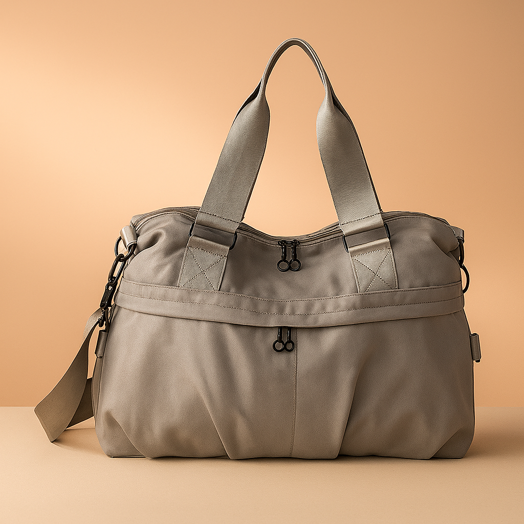 Light gray nylon duffel bag with pleated front and black metal zippers, shown with wide gray handles and detachable shoulder strap.