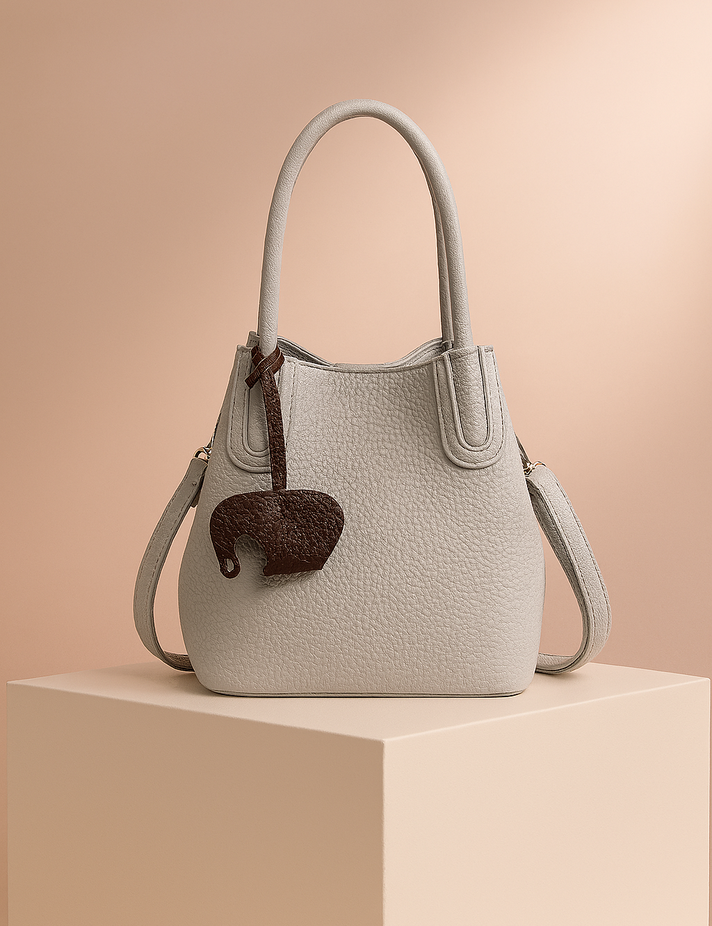 Light gray pebbled leather handbag with double handles and a brown elephant-shaped charm, styled on a platform with warm blush-toned gradient lighting.