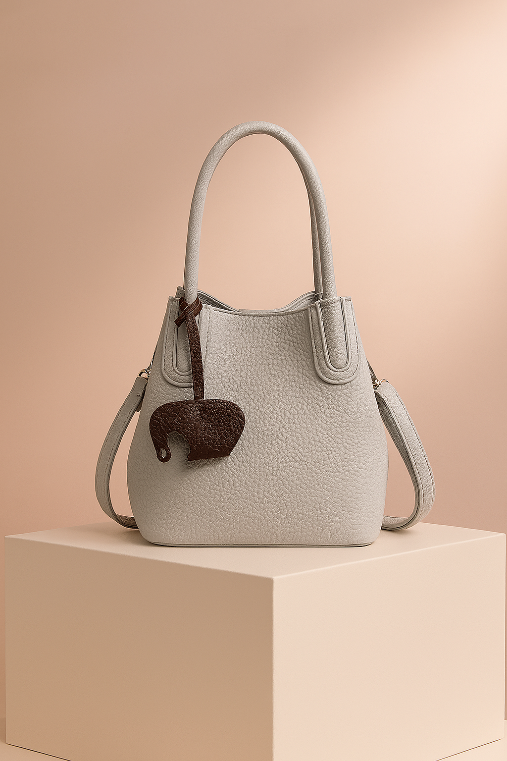 Light gray pebbled leather handbag with double handles and a brown elephant-shaped charm, styled on a platform with warm blush-toned gradient lighting.