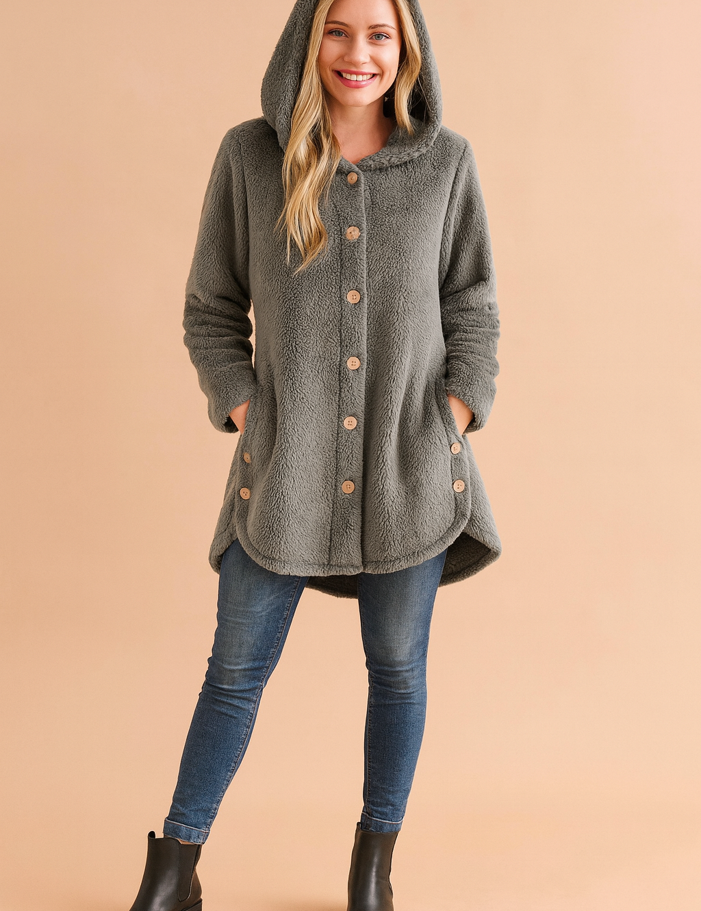 Women's light gray fleece hooded jacket with button front and side pockets, designed in a relaxed fit with long sleeves and curved hem