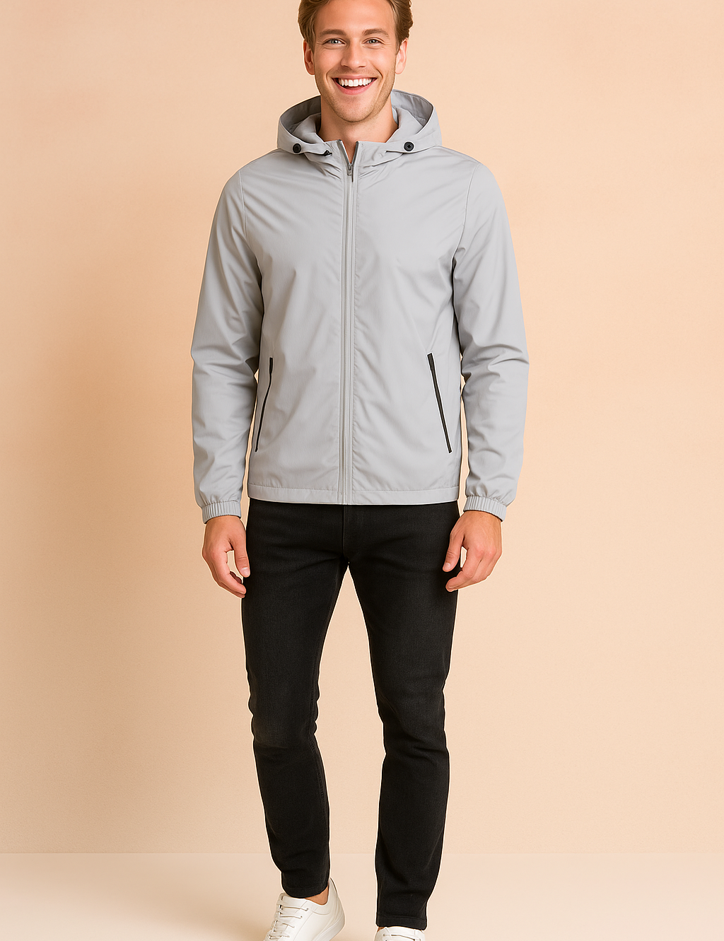 Light gray hooded windbreaker jacket with front zipper, adjustable drawstrings, and zippered side pockets, styled with slim black jeans and white sneakers.