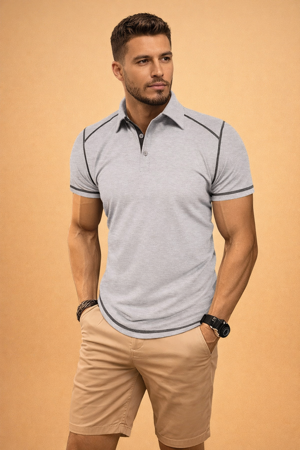 Light grey heather short-sleeve polo shirt with a two-button placket, contrast dark stitching along the shoulders and sleeve hems, paired with beige tailored chino shorts with a clean, structured finish.