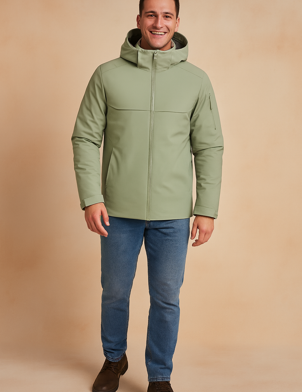 Light grey hooded men's jacket with full front zipper, clean minimalist design, and zippered sleeve pocket.