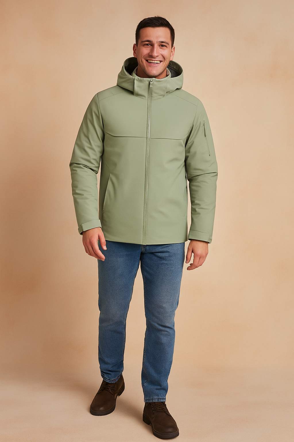 Light grey hooded men's jacket with full front zipper, clean minimalist design, and zippered sleeve pocket.