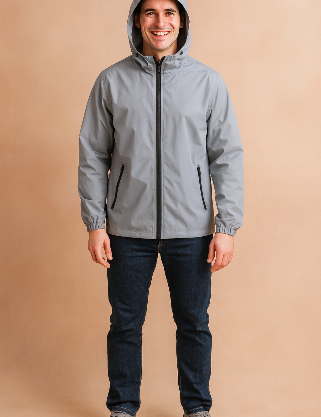Light grey hooded windbreaker jacket with black zipper closure, elastic cuffs, and zippered side pockets, styled in a casual modern fit.
