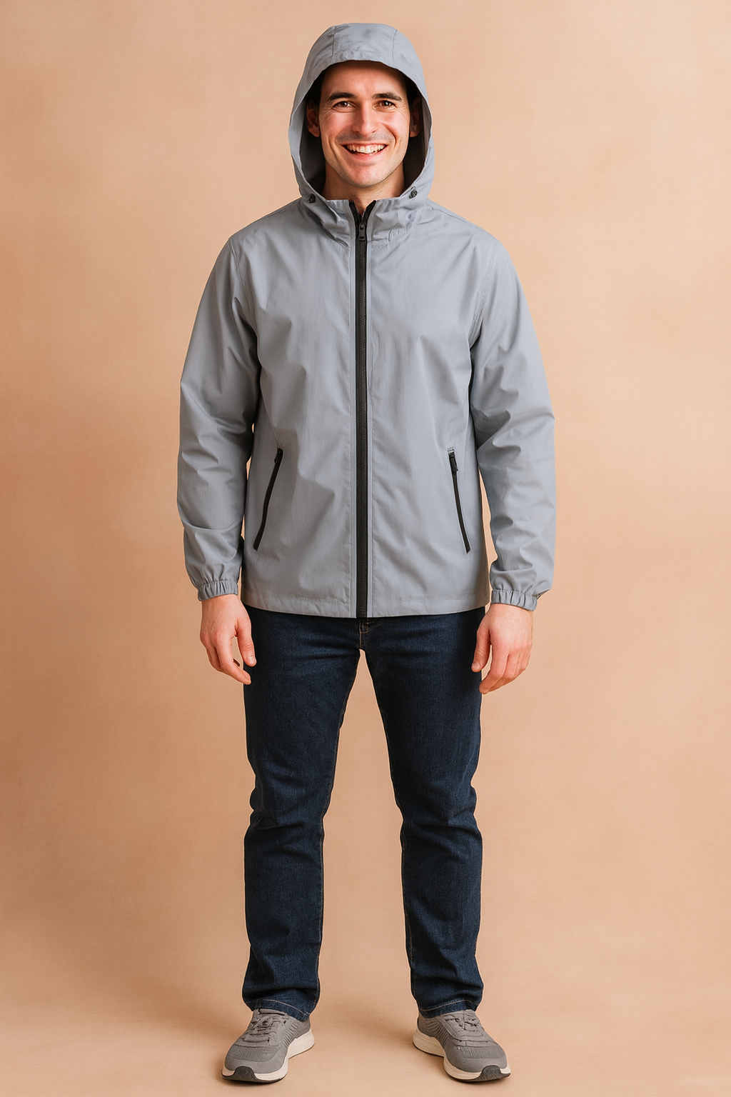 Light grey hooded windbreaker jacket with black zipper closure, elastic cuffs, and zippered side pockets, styled in a casual modern fit.