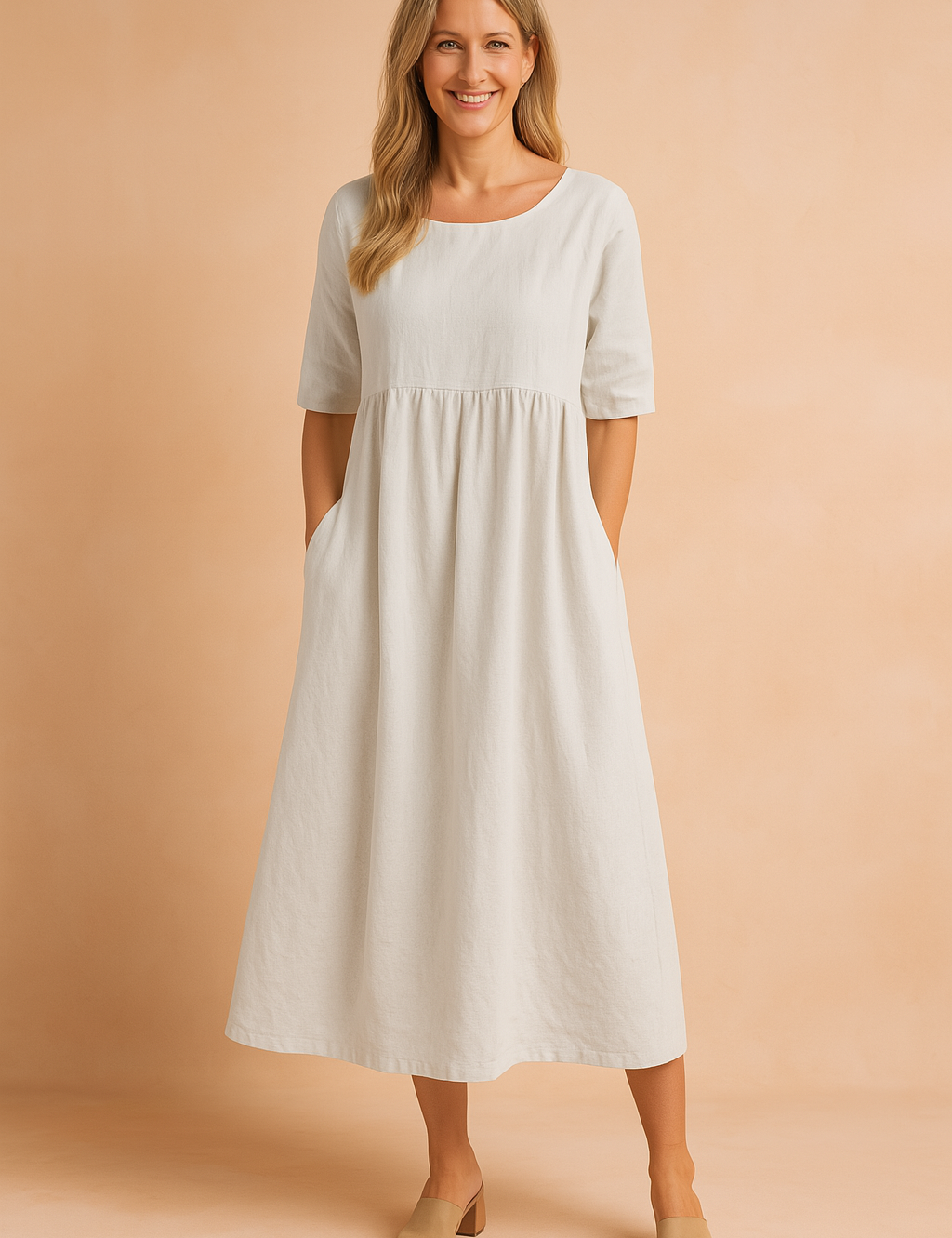Elegant light grey midi dress with half sleeves, side pockets, and a gathered waistline, crafted in a soft, breathable fabric for a relaxed and polished silhouette.