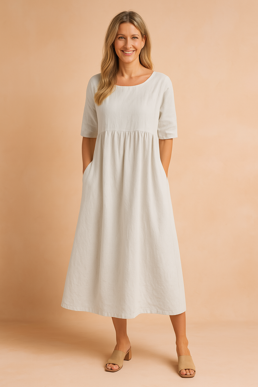 Elegant light grey midi dress with half sleeves, side pockets, and a gathered waistline, crafted in a soft, breathable fabric for a relaxed and polished silhouette.