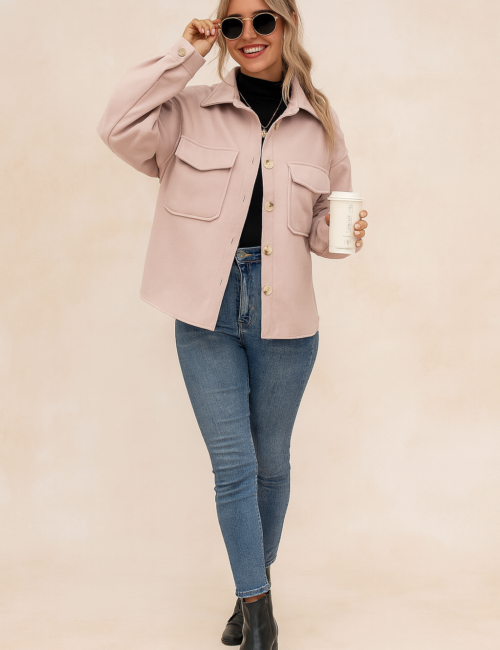Light pink oversized button-up shacket with flap chest pockets, styled with a black turtleneck, high-waist blue jeans, and black ankle boots.
