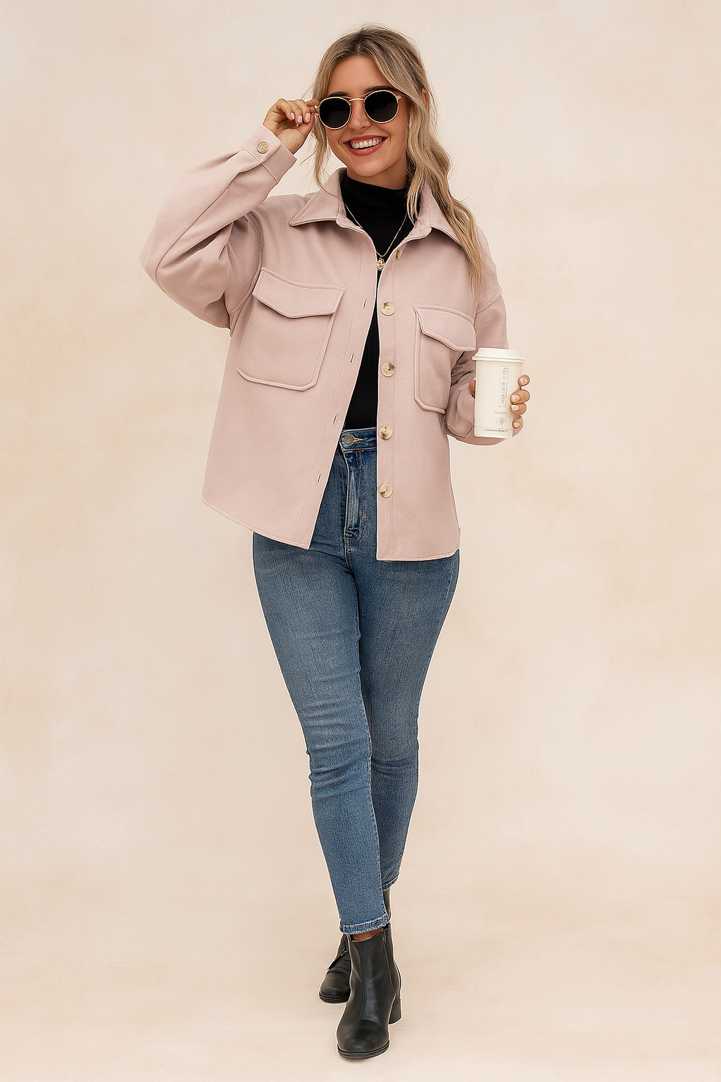 Light pink oversized button-up shacket with flap chest pockets, styled with a black turtleneck, high-waist blue jeans, and black ankle boots.