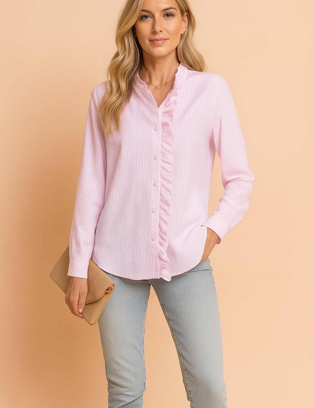 Light pink seersucker blouse with vertical stripes and ruffled button placket, styled for modern casual fashion with long sleeves and a soft, breathable texture.