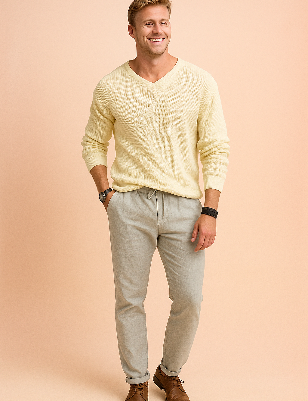Light yellow knit V-neck sweater with textured fabric pattern paired with light gray drawstring linen pants and brown leather shoes.