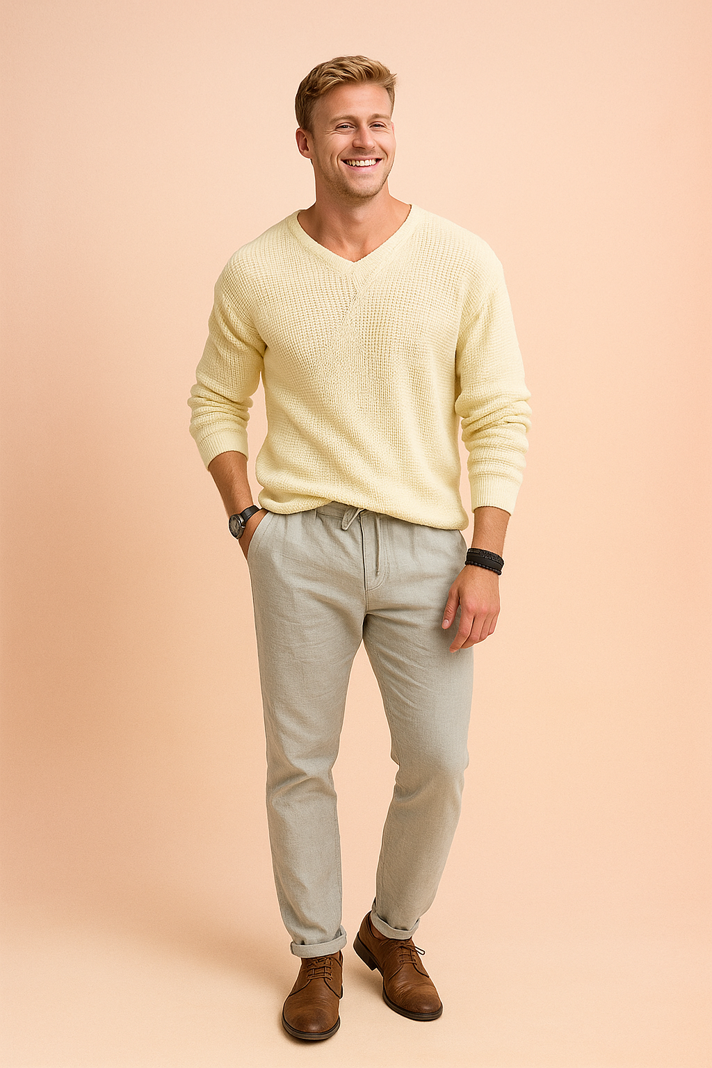 Light yellow knit V-neck sweater with textured fabric pattern paired with light gray drawstring linen pants and brown leather shoes.