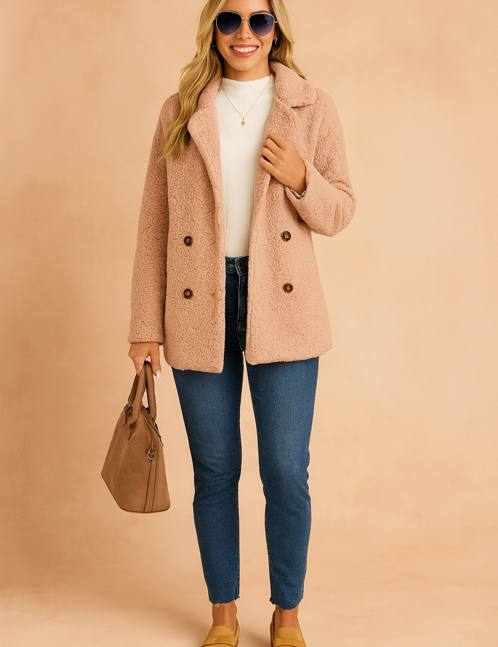 Women's double-breasted teddy coat in light beige with textured fleece fabric, button-down front, and relaxed fit for cozy winter layering