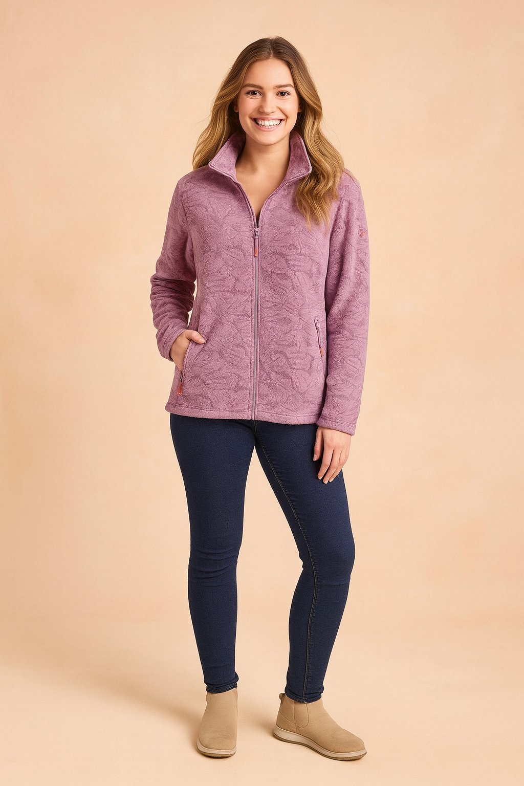 Lilac fleece jacket with embossed leaf pattern, full zip closure, and side zip pockets