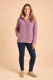 Lilac fleece jacket with embossed leaf pattern, full zip closure, and side zip pockets