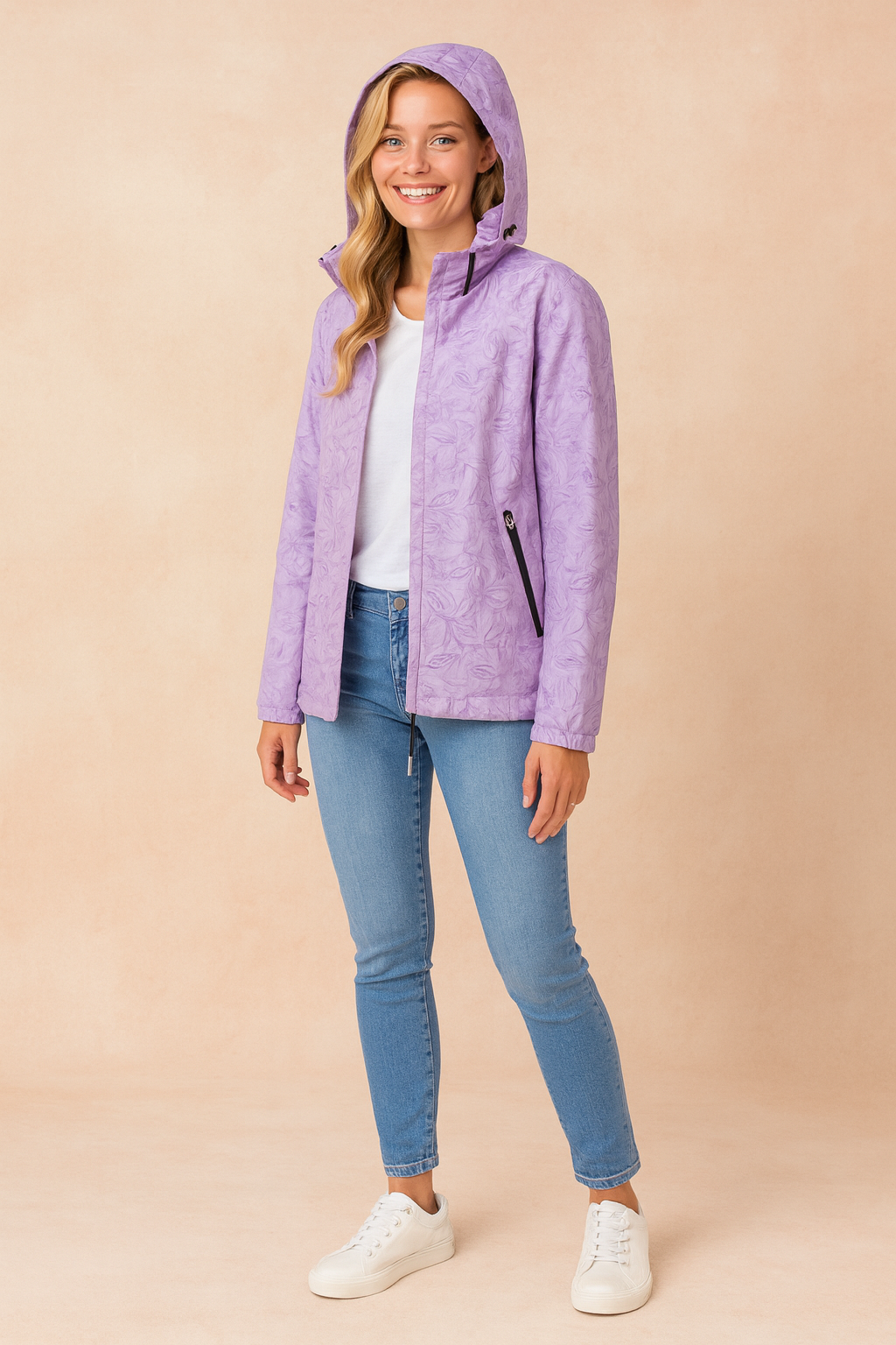 Lilac floral-pattern zip-up hooded winter jacket with long sleeves and black zipper pockets