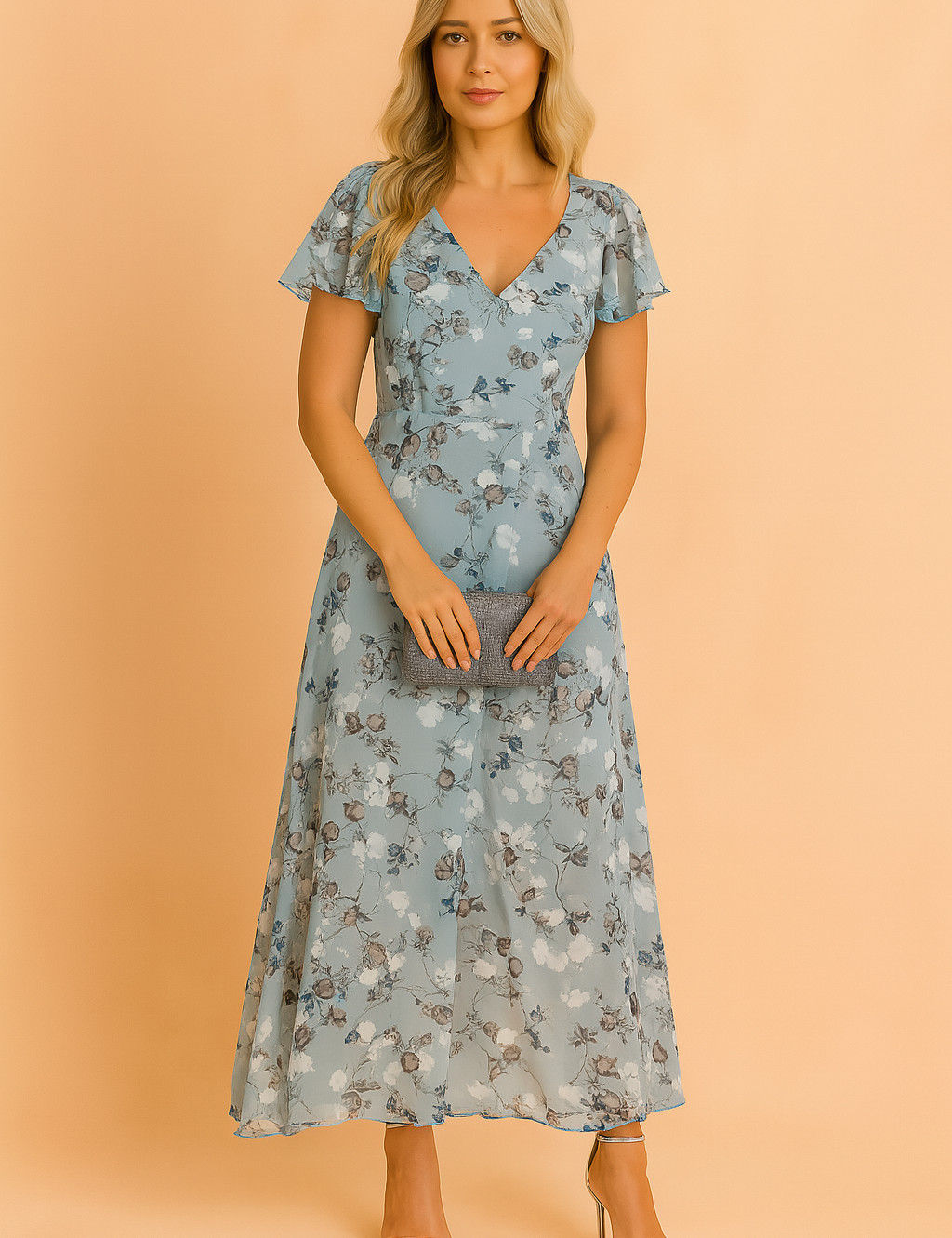 Kobieta w niebieskiej eleganckiej kwiatowej sukience midi Lilia, świetna na codzienne i półformalne letnie stylizacje.