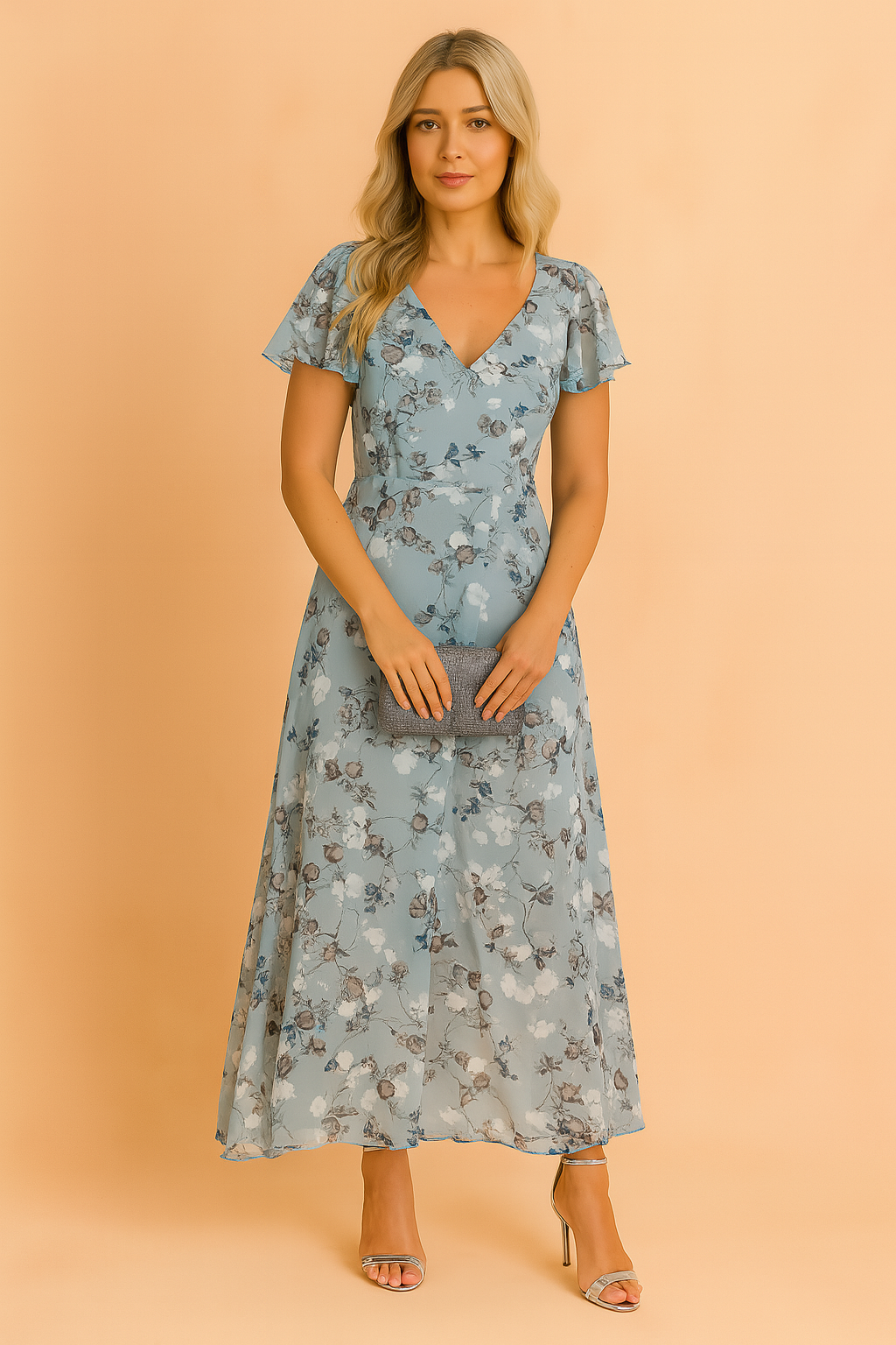 Kobieta w niebieskiej eleganckiej kwiatowej sukience midi Lilia, świetna na codzienne i półformalne letnie stylizacje.