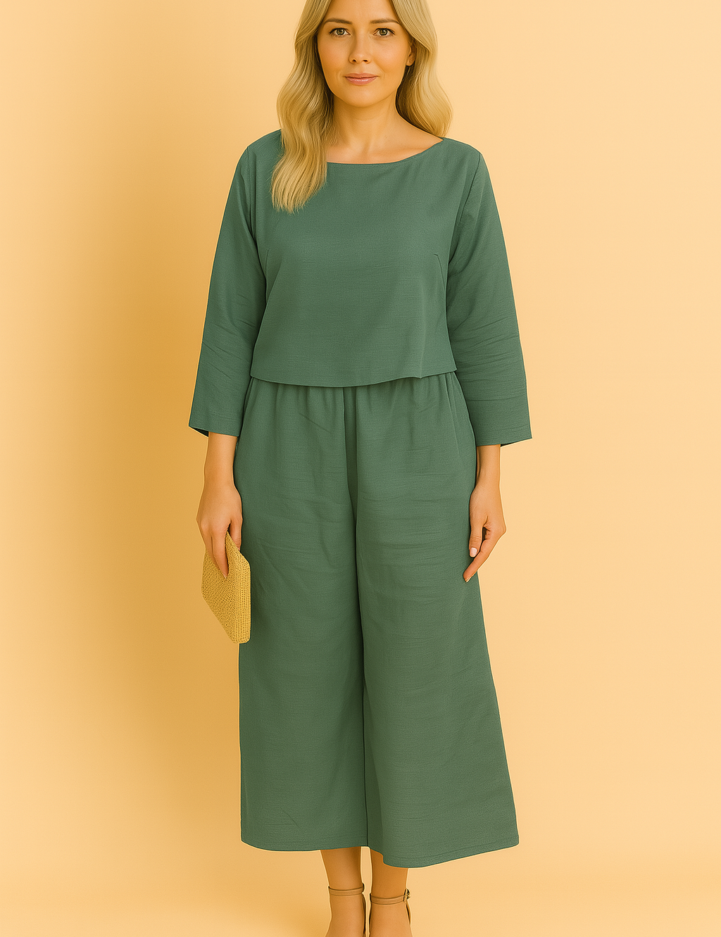 Kobieta w ciemnozielonym zestawie Lily – lniana elegancja na każdą okazję.