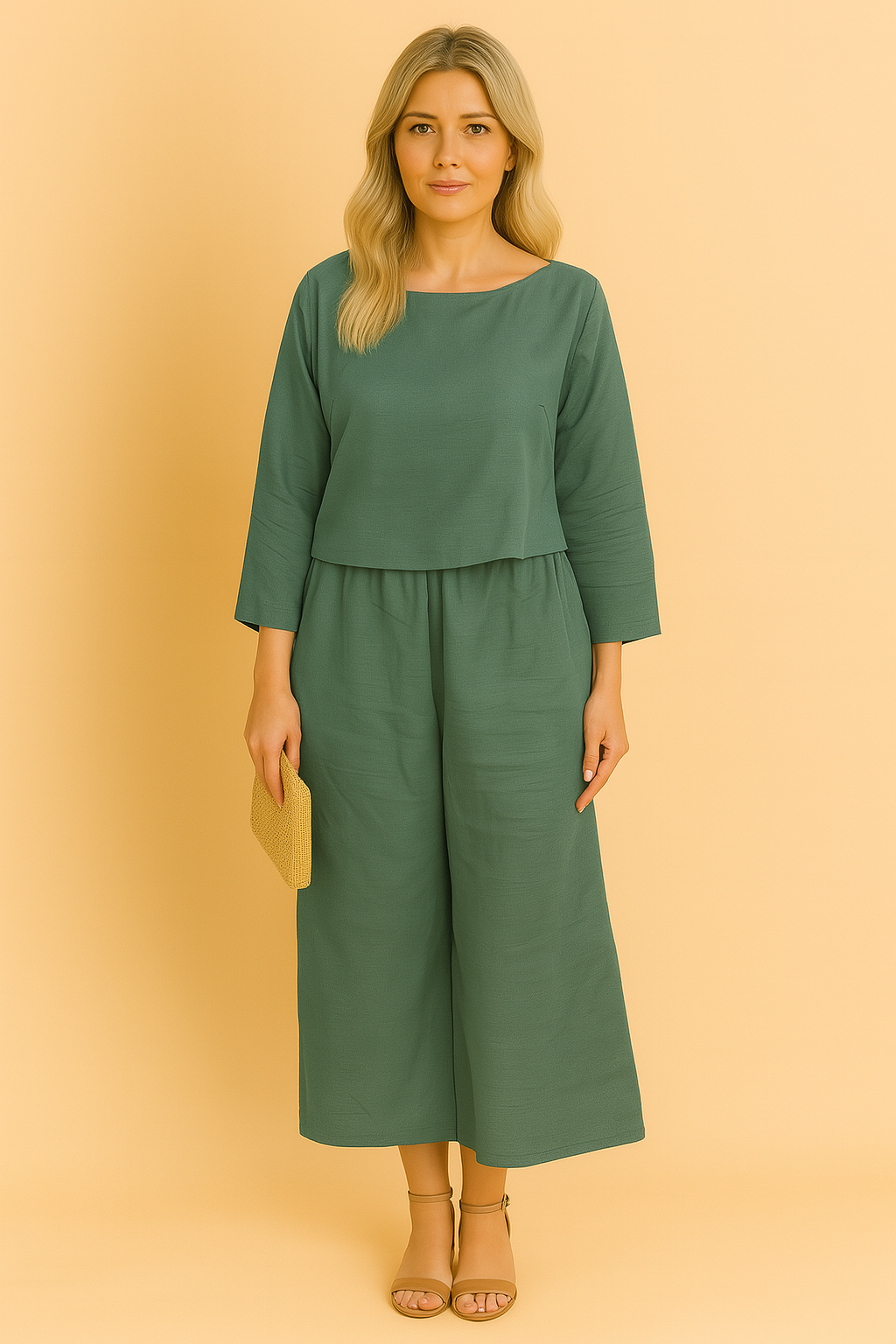 Kobieta w ciemnozielonym zestawie Lily – lniana elegancja na każdą okazję.