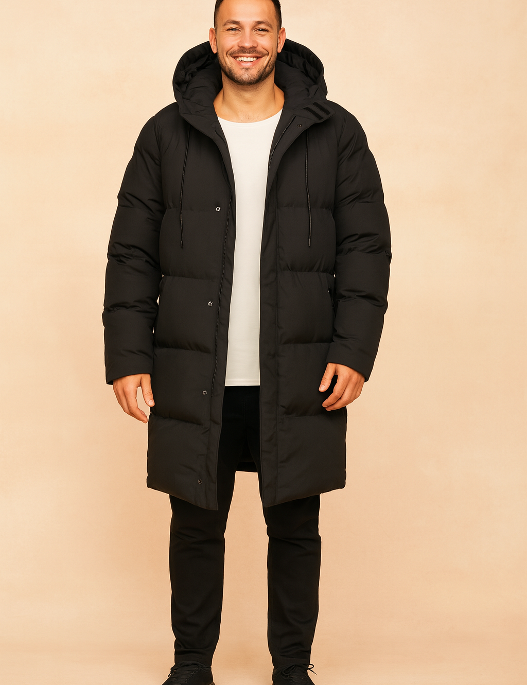 Long black hooded parka jacket with padded quilting and button closure, styled in a casual winter fit.