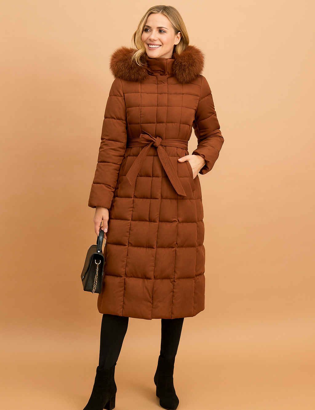 Long quilted brown puffer coat with fur-trimmed hood, belted waist tie, square-stitched pattern, full-length design, and front button closure, paired with black ankle boots and handbag.