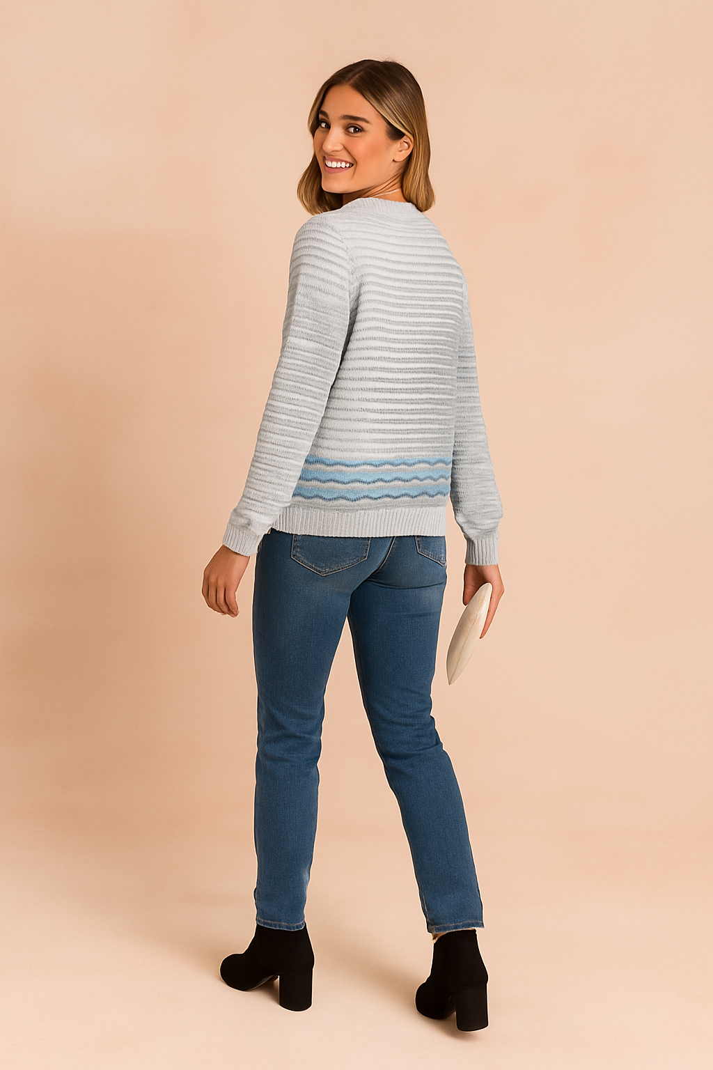 Women’s striped long sleeve sweater with textured knit pattern in soft gray tones and subtle blue border detailing, designed for casual and versatile wear