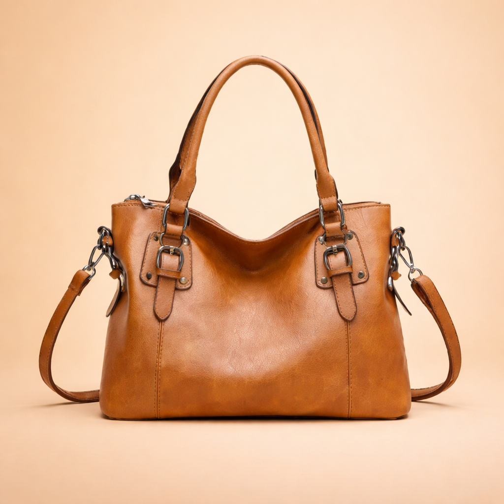 Luxury caramel leather handbag with structured silhouette, dual top handles, detachable shoulder strap, polished metal hardware, and smooth premium finish