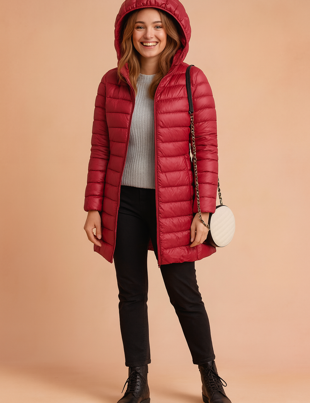 Women's maroon long puffer jacket with hood, quilted pattern, zip closure, and mid-thigh length for winter wear