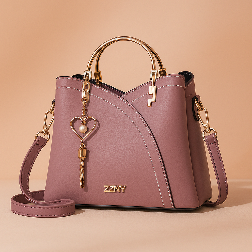 Mauve faux leather handbag with gold-tone hardware, heart charm, and stitched detailing, displayed on a beige platform against a pastel blush gradient background.