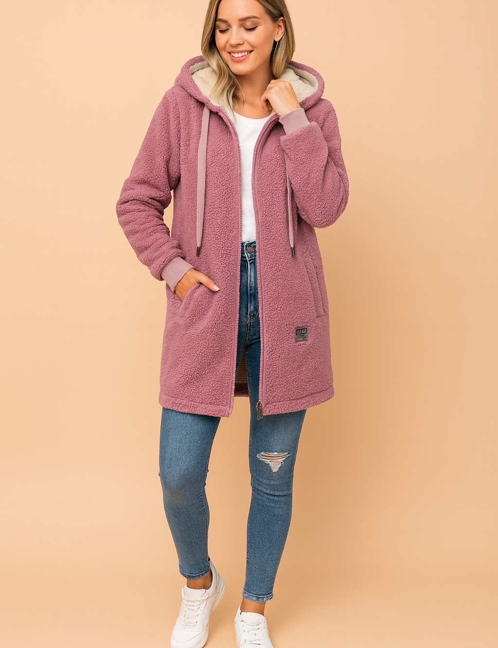 Mauve pink sherpa fleece hooded jacket with front zipper, side pockets, and ribbed cuffs, styled with a white inner top and blue jeans