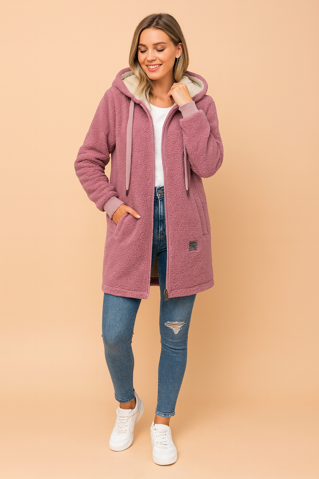 Mauve pink sherpa fleece hooded jacket with front zipper, side pockets, and ribbed cuffs, styled with a white inner top and blue jeans