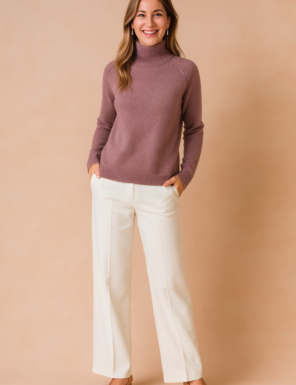 Mauve knit turtleneck sweater with ribbed cuffs and hem, paired with tailored ivory wide-leg trousers and beige low-heel shoes, creating a chic and elegant casual look.