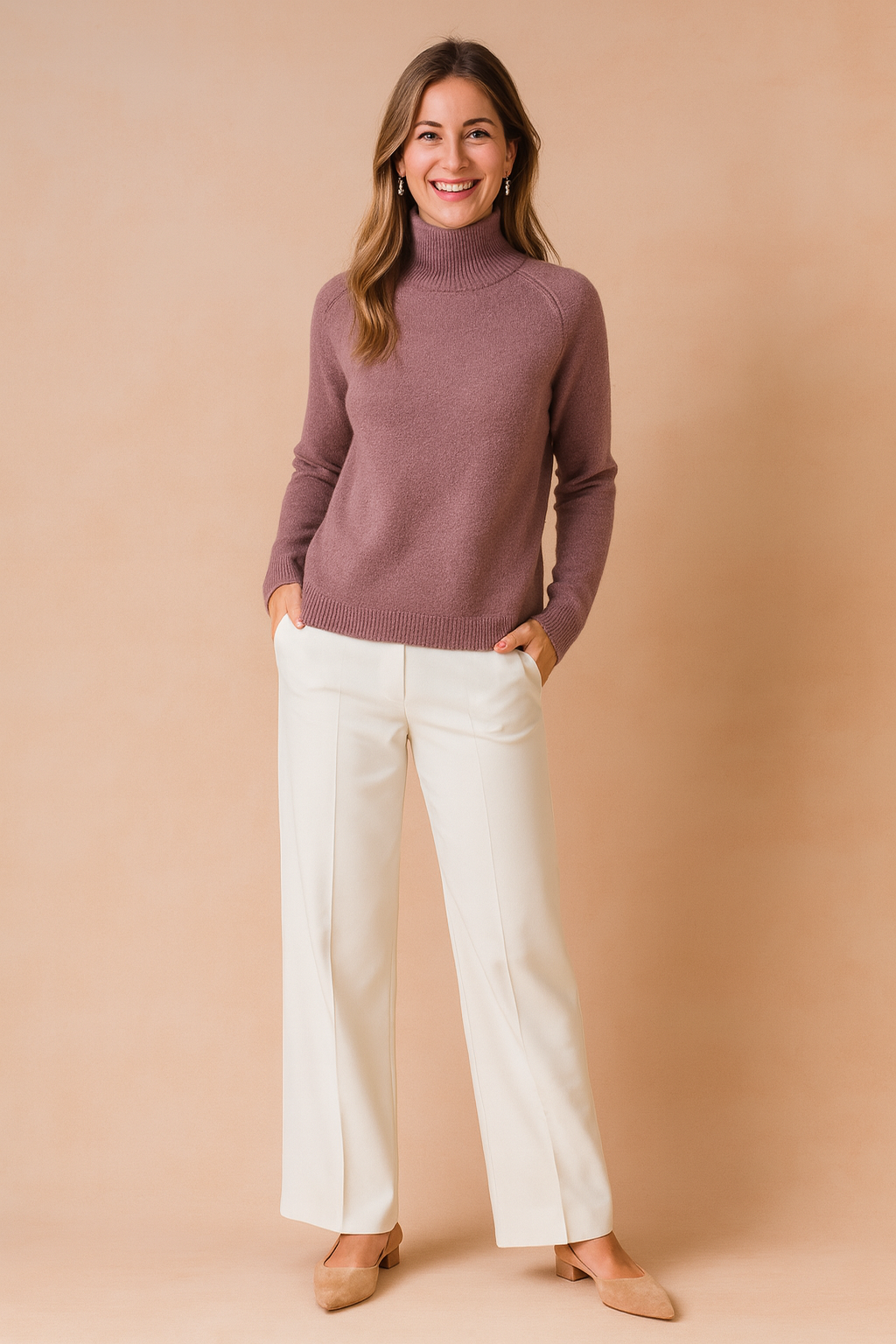 Mauve knit turtleneck sweater with ribbed cuffs and hem, paired with tailored ivory wide-leg trousers and beige low-heel shoes, creating a chic and elegant casual look.