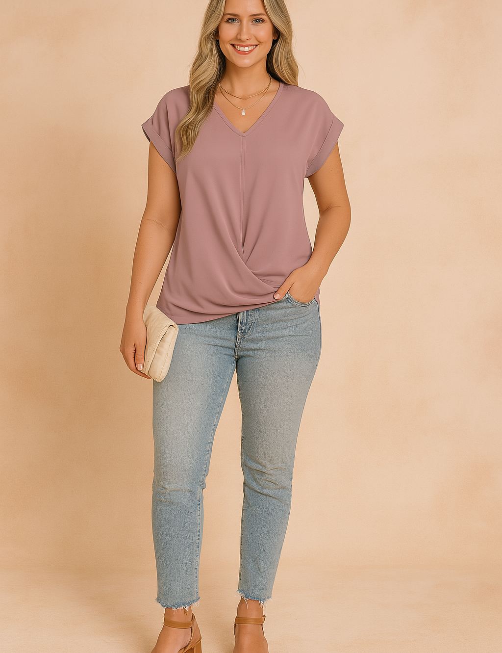Soft mauve V-neck blouse with short cuffed sleeves and a front draped twist detail, styled with light-wash skinny jeans and a cream quilted clutch.