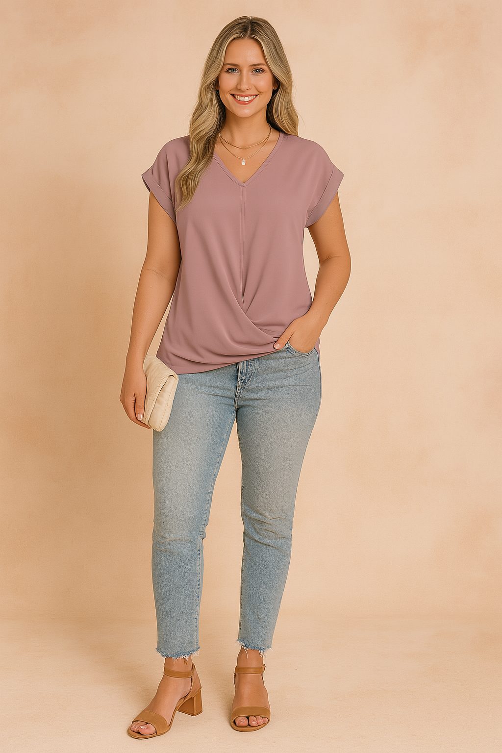 Soft mauve V-neck blouse with short cuffed sleeves and a front draped twist detail, styled with light-wash skinny jeans and a cream quilted clutch.