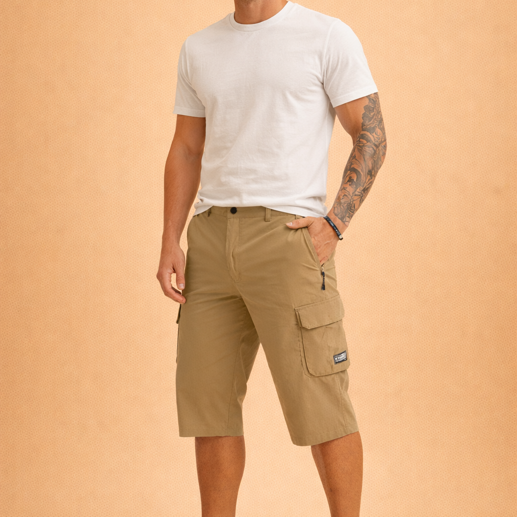 Men’s khaki cargo shorts in a solid matte twill fabric with a smooth, uniform weave, featuring a knee-length straight cut, structured waistband with button closure, reinforced belt loops, angled side pockets, and a functional flap cargo pocket with zip detail, maintaining an identical warm sand color tone and consistent fabric texture throughout.