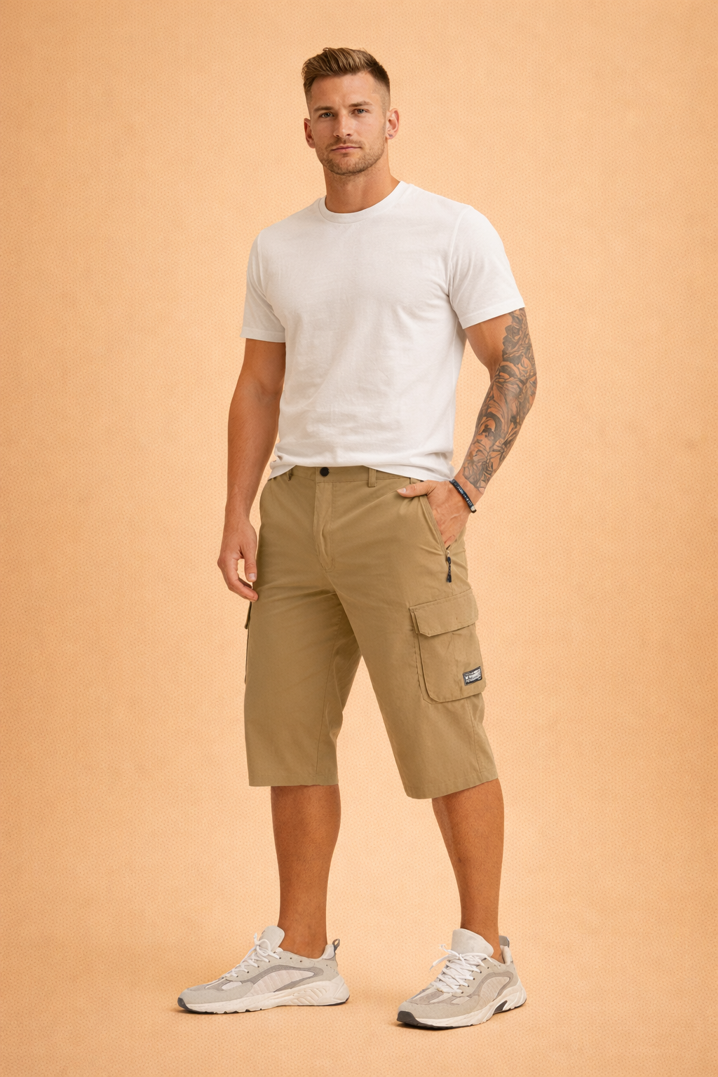 Men’s khaki cargo shorts in a solid matte twill fabric with a smooth, uniform weave, featuring a knee-length straight cut, structured waistband with button closure, reinforced belt loops, angled side pockets, and a functional flap cargo pocket with zip detail, maintaining an identical warm sand color tone and consistent fabric texture throughout.