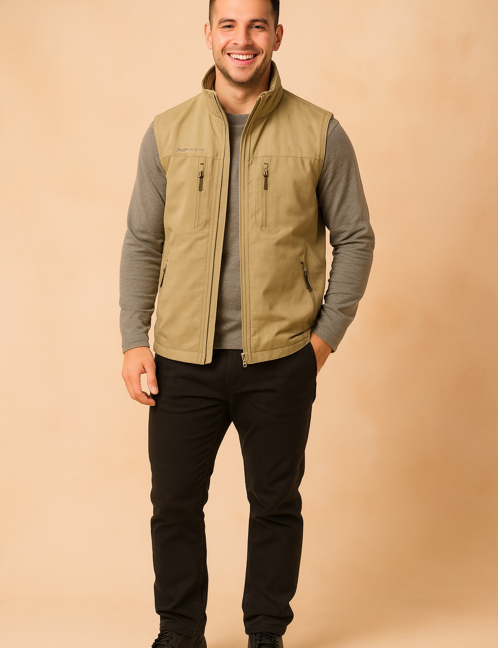 Casual men's beige vest with multiple zipper pockets, perfect for layering and outdoor activities.