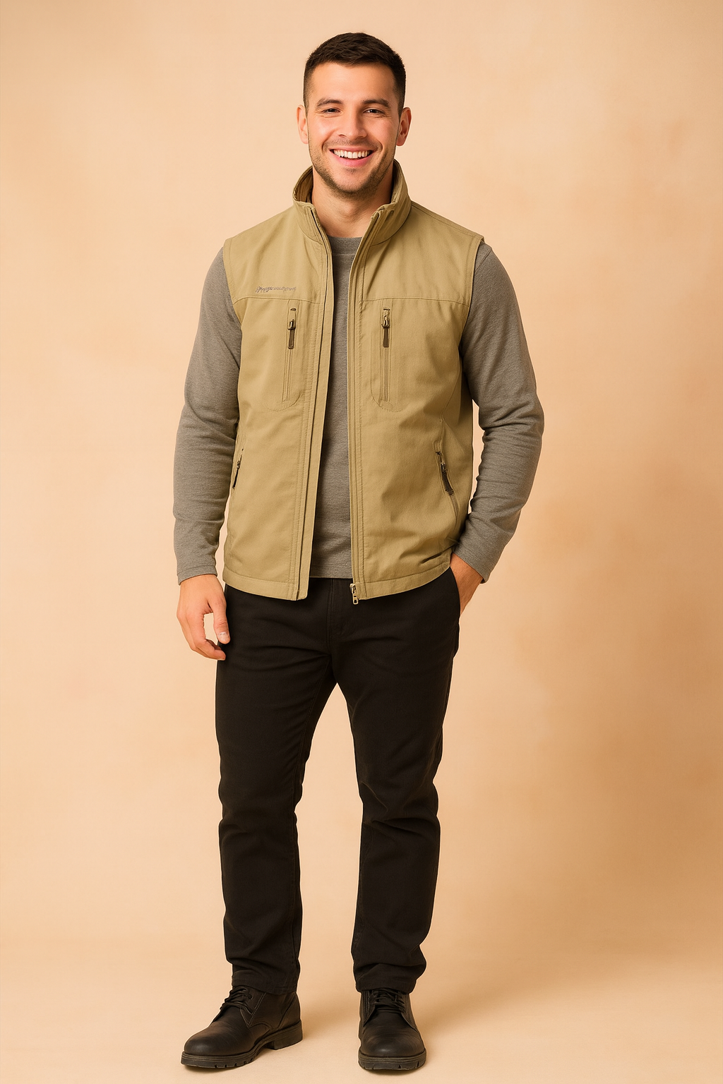 Casual men's beige vest with multiple zipper pockets, perfect for layering and outdoor activities.
