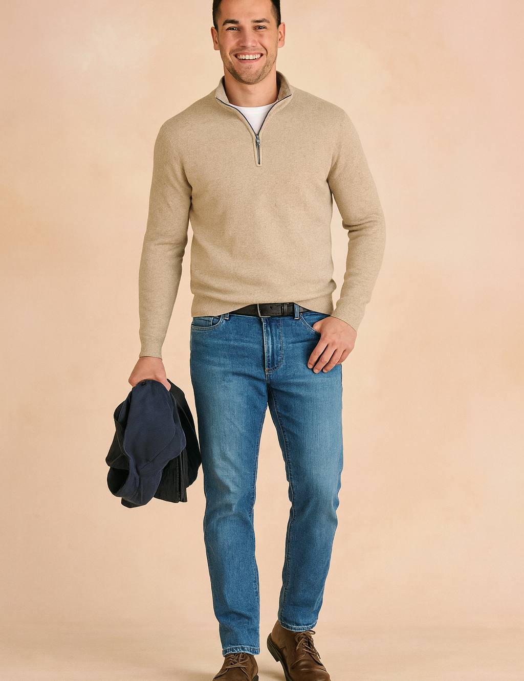 Men's beige quarter-zip sweater with ribbed texture, long sleeves, and lightweight knit design, styled with casual jeans for a modern and versatile look.