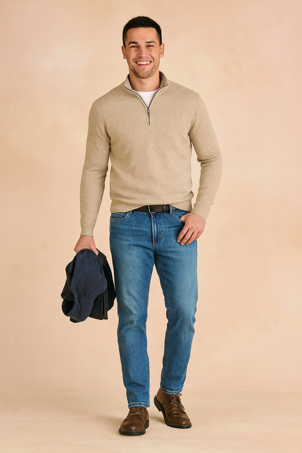 Men's beige quarter-zip sweater with ribbed texture, long sleeves, and lightweight knit design, styled with casual jeans for a modern and versatile look.