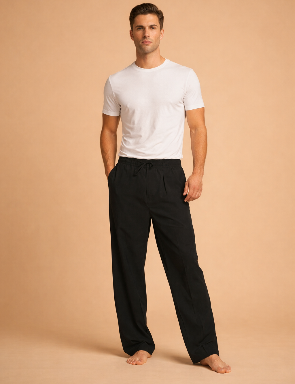 Minimalist men’s outfit featuring relaxed-fit black drawstring trousers with a straight-leg silhouette paired with a classic white short-sleeve crewneck T-shirt, styled for a clean, modern look.