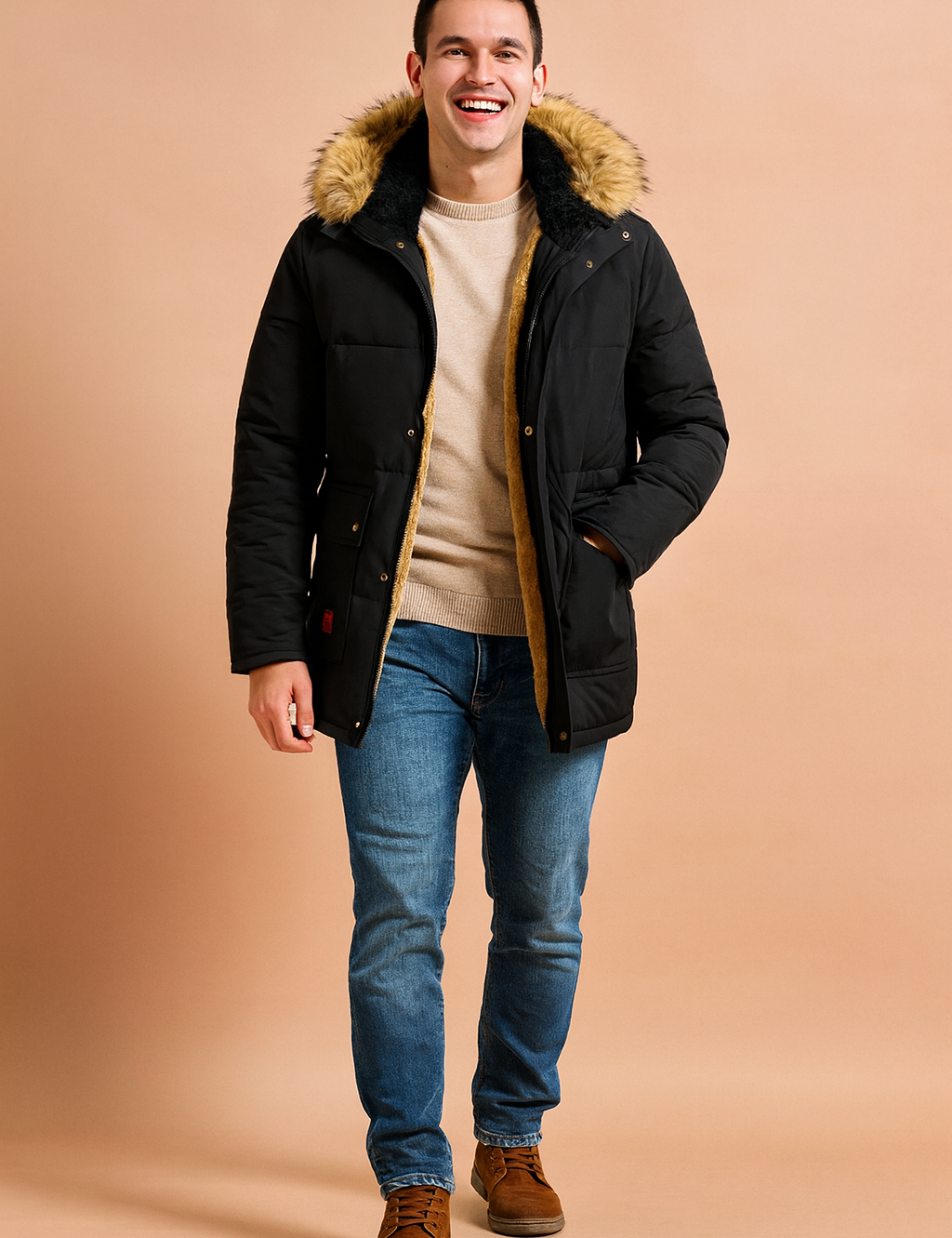 Men’s winter parka in black with faux fur trim and golden fleece lining, featuring a hood, buttoned flap pockets, and a zip closure for stylish warmth.