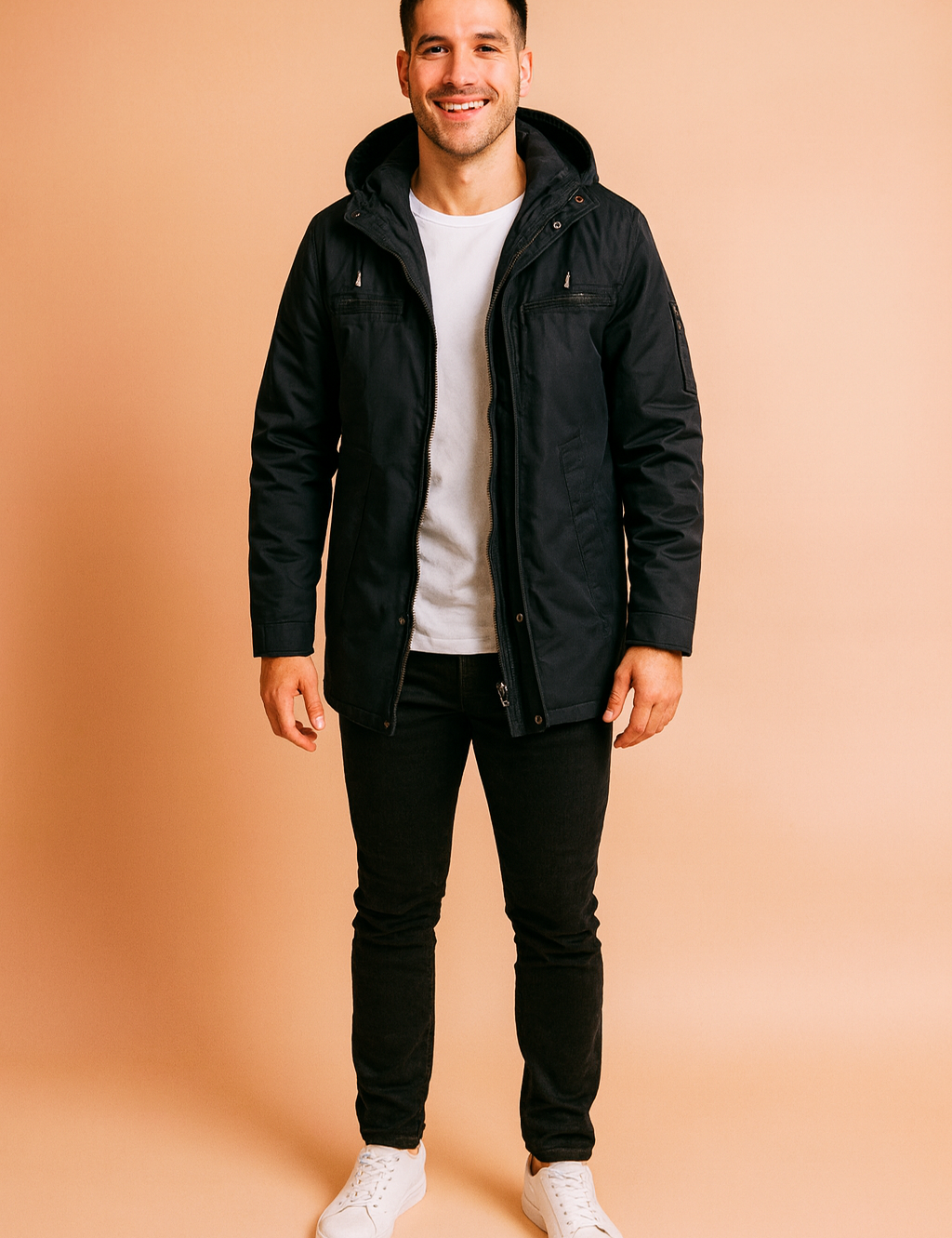 Men’s black hooded casual jacket with front zipper and snap closure, multiple pockets, and adjustable drawstrings for a modern streetwear look.