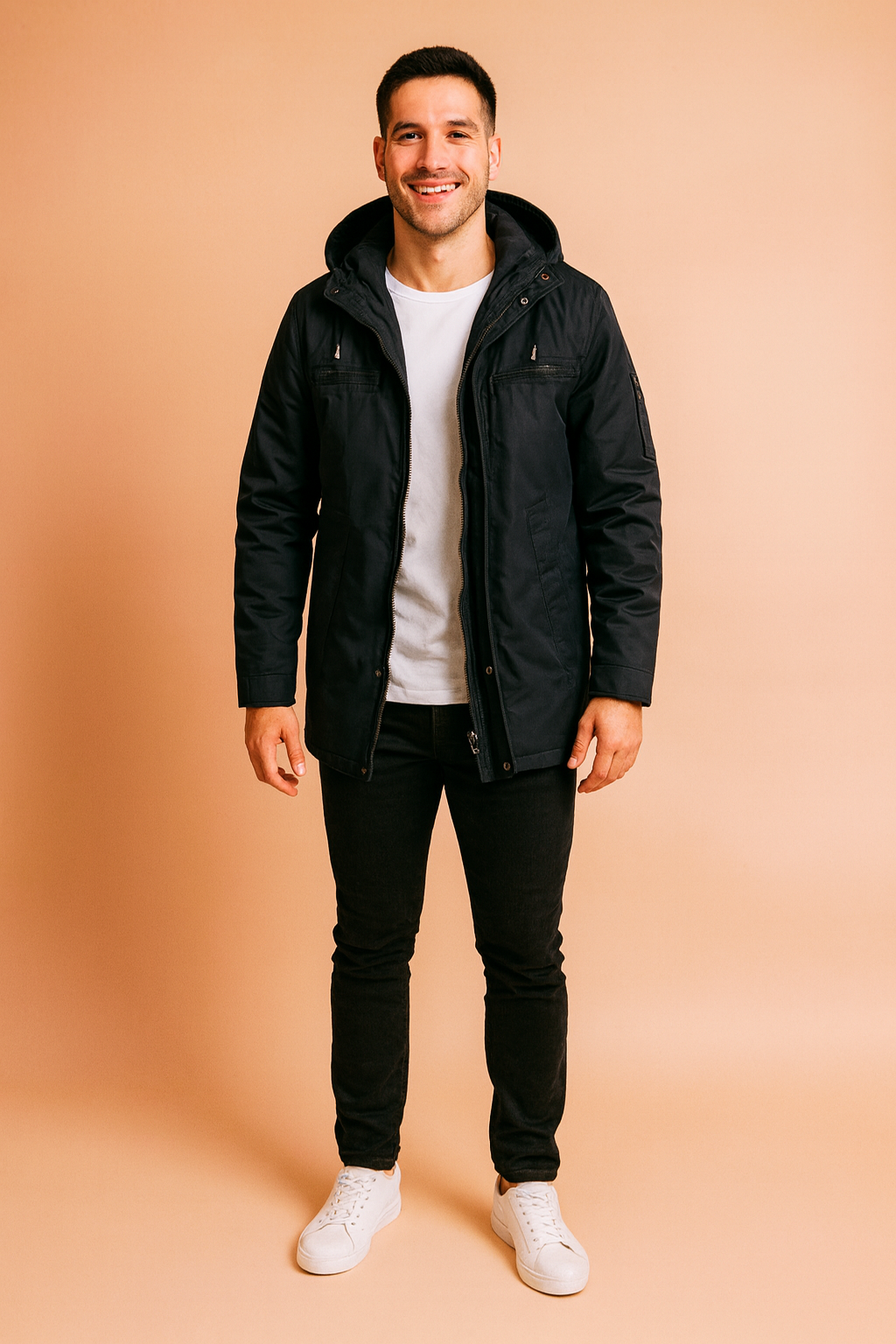 Men’s black hooded casual jacket with front zipper and snap closure, multiple pockets, and adjustable drawstrings for a modern streetwear look.