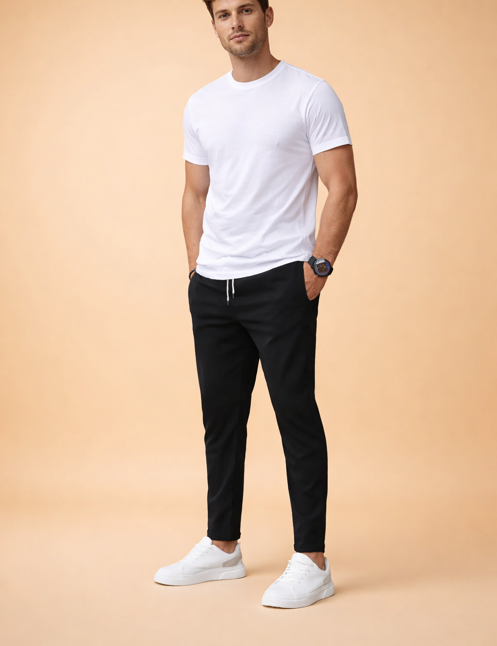 Slim-fit black tapered trousers with elastic waistband and adjustable drawstring, featuring clean side pockets, a smooth structured drape, ankle-length cut, and a modern tailored silhouette paired with low-profile white sneakers.