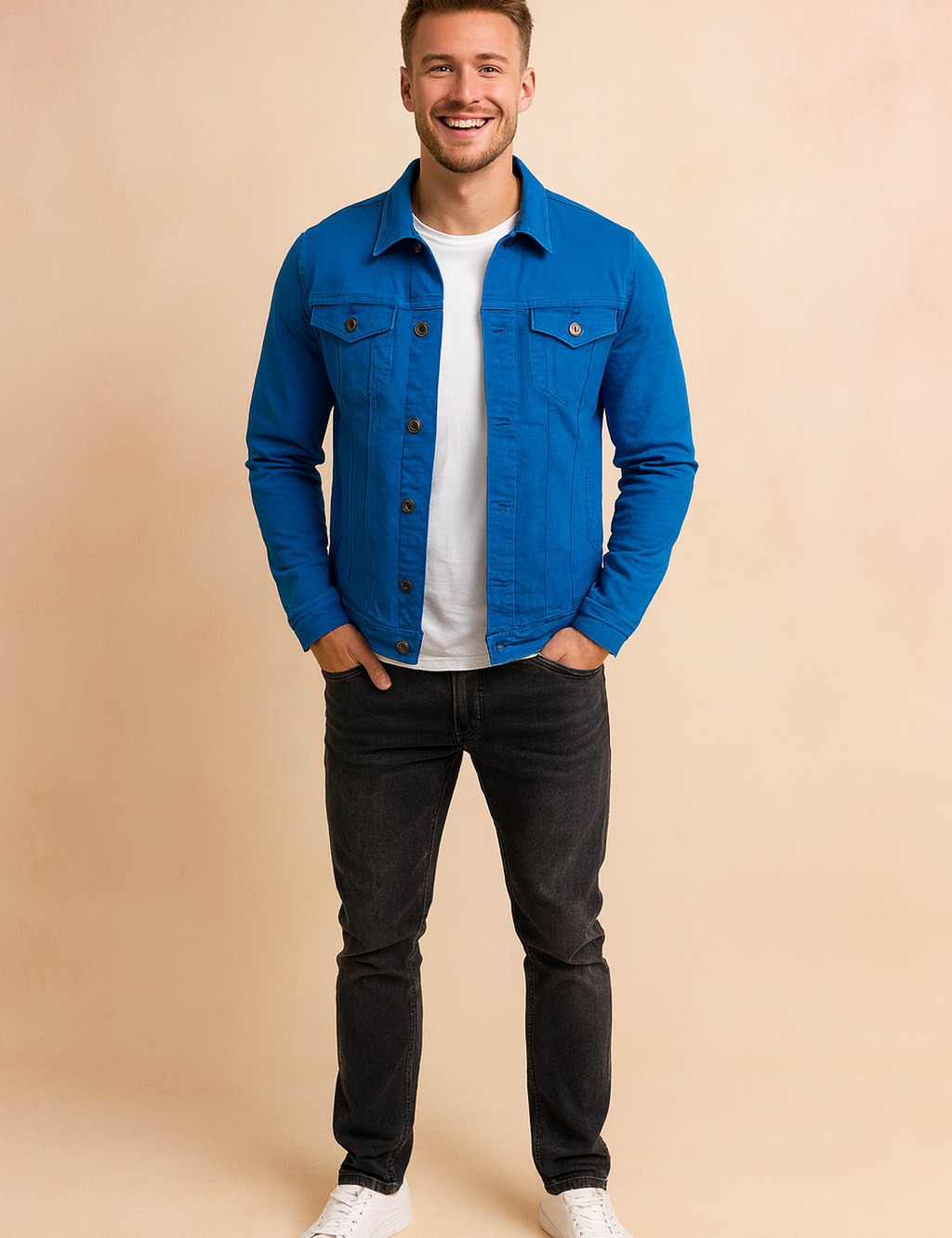 Men’s bright blue button-up denim jacket with chest flap pockets, paired with a white crewneck t-shirt, black slim-fit jeans, and white low-top sneakers.